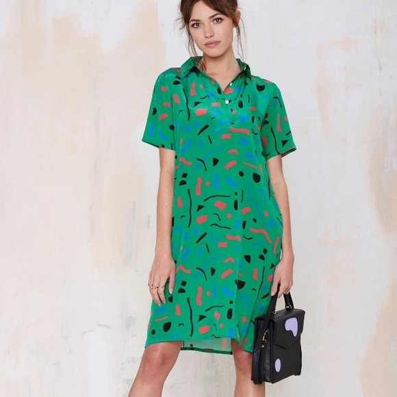 dusen dusen Dresses & Skirts - Dusen Dusen Green Confetti City Silk Dress size S